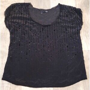 Eileen Fisher 100% Silk XL Black Beaded Scoop Neck Blouse Luxury Elegant Party